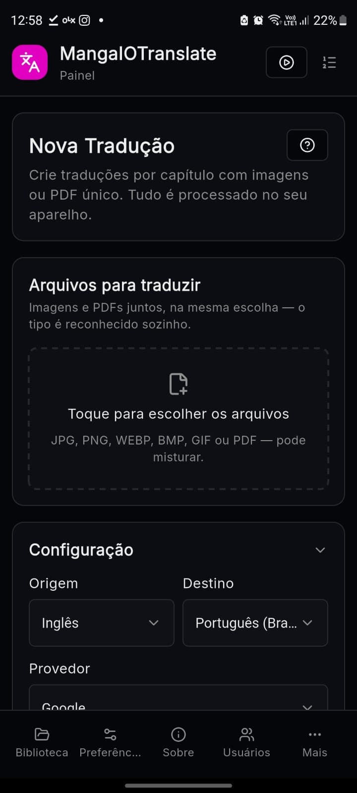 Nova tradução: Importa imagens ou PDF — tela do MangaIOTranslate no Android