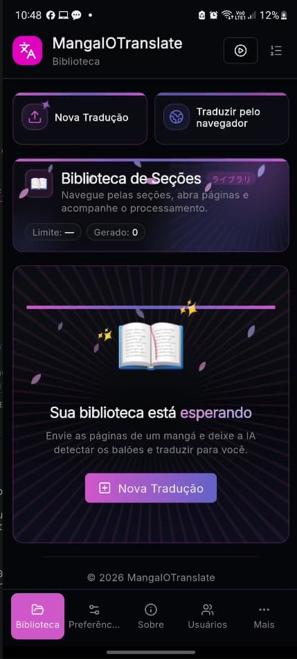Biblioteca: Organiza suas seções — tela do MangaIOTranslate no Android