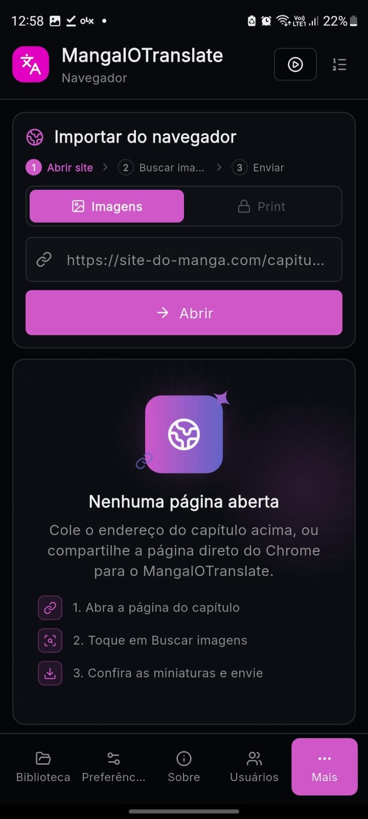 Importação pelo navegador: Abre sites no app — tela do MangaIOTranslate no Android