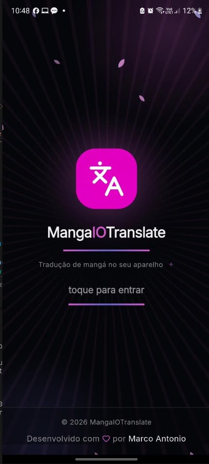 Entrada do app: Abre direto no Android — tela do MangaIOTranslate no Android